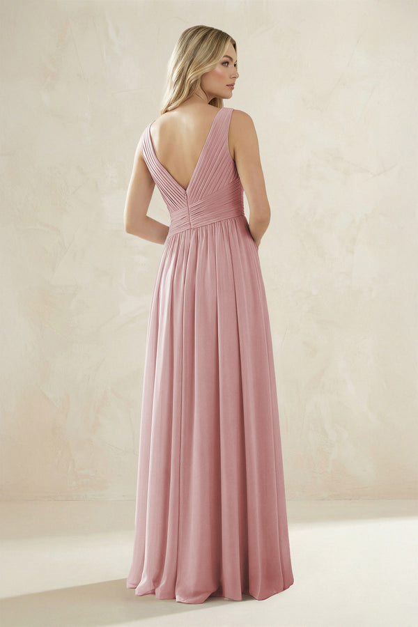 V - Neck Pleated A - Line Bridesmaid Dress in Dusty Rose - KissProm Bridesmaid Dresses