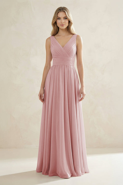 KissProm | V-Neck Pleated A-Line Bridesmaid Dress in Dusty Rose KissProm | V-Neck Pleated A-Line Bridesmaid Dress in Dusty Rose