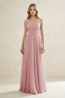 V - Neck Pleated A - Line Bridesmaid Dress in Dusty Rose - KissProm Bridesmaid Dresses