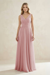 V - Neck Pleated A - Line Bridesmaid Dress in Dusty Rose - KissProm Bridesmaid Dresses