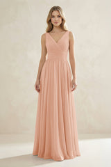 V - Neck Pleated A - Line Bridesmaid Dress in English Rose - KissProm Bridesmaid Dresses