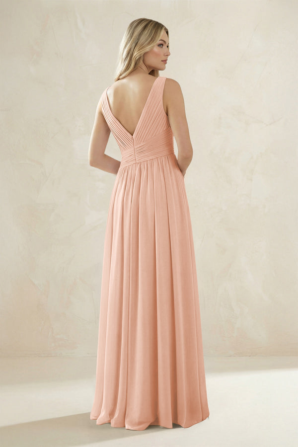 V - Neck Pleated A - Line Bridesmaid Dress in English Rose - KissProm Bridesmaid Dresses