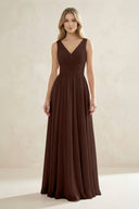 V - Neck Pleated A - Line Bridesmaid Dress in Espresso - KissProm Bridesmaid Dresses