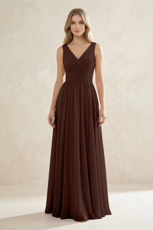 V - Neck Pleated A - Line Bridesmaid Dress in Espresso - KissProm Bridesmaid Dresses