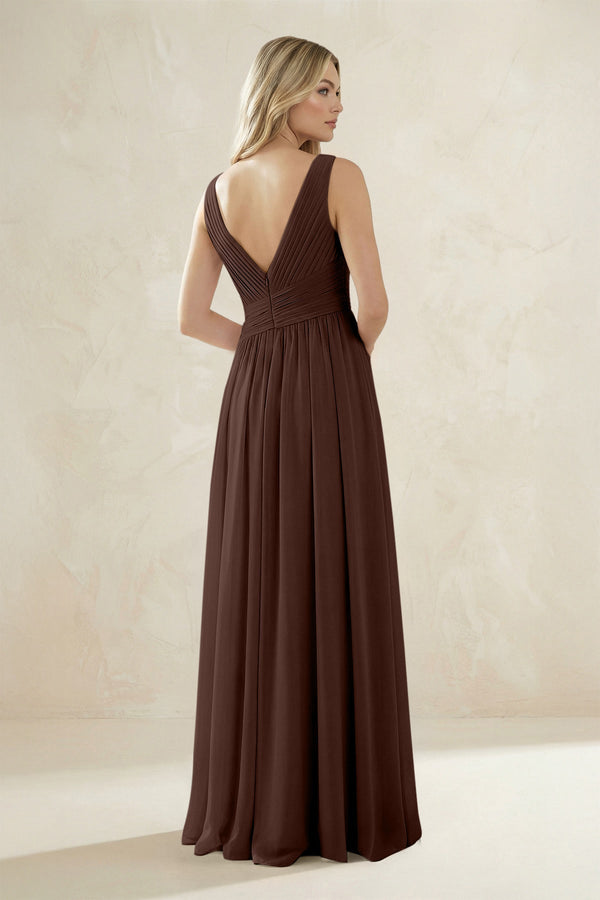 V - Neck Pleated A - Line Bridesmaid Dress in Espresso - KissProm Bridesmaid Dresses