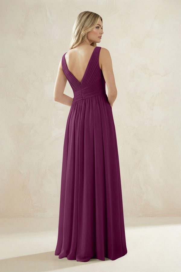V - Neck Pleated A - Line Bridesmaid Dress in Fig - KissProm Bridesmaid Dresses