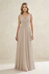 V - Neck Pleated A - Line Bridesmaid Dress in Frost - KissProm Bridesmaid Dresses