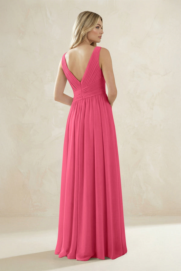 V - Neck Pleated A - Line Bridesmaid Dress in Fuchsia - KissProm Bridesmaid Dresses