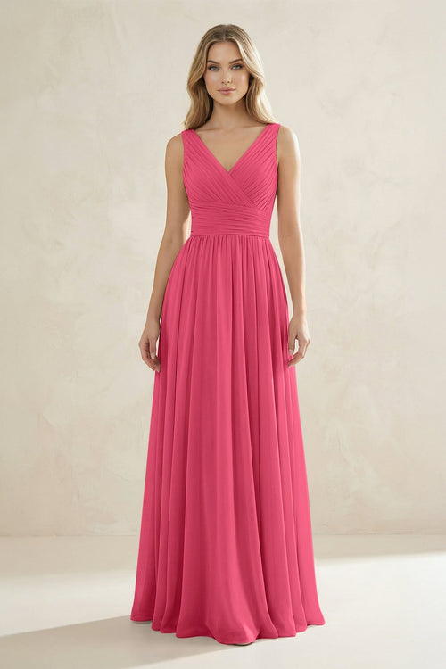 V - Neck Pleated A - Line Bridesmaid Dress in Fuchsia - KissProm Bridesmaid Dresses