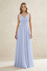 V - Neck Pleated A - Line Bridesmaid Dress in Ice - KissProm Bridesmaid Dresses
