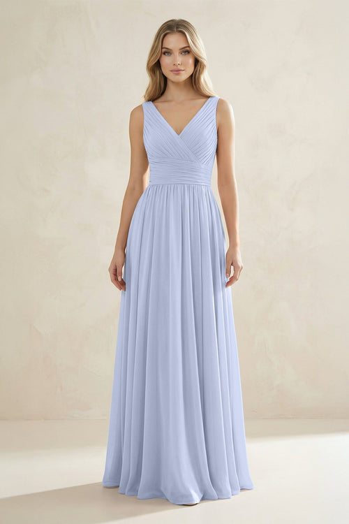 V - Neck Pleated A - Line Bridesmaid Dress in Ice - KissProm Bridesmaid Dresses