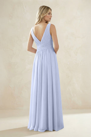 V - Neck Pleated A - Line Bridesmaid Dress in Ice - KissProm Bridesmaid Dresses
