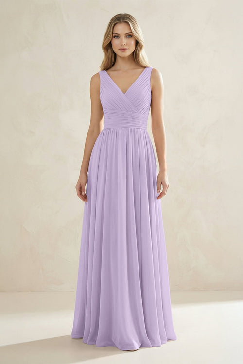 V - Neck Pleated A - Line Bridesmaid Dress in Lavender - KissProm Bridesmaid Dresses
