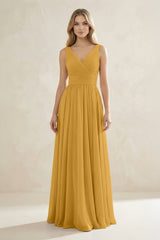 V - Neck Pleated A - Line Bridesmaid Dress in Marigold - KissProm Bridesmaid Dresses