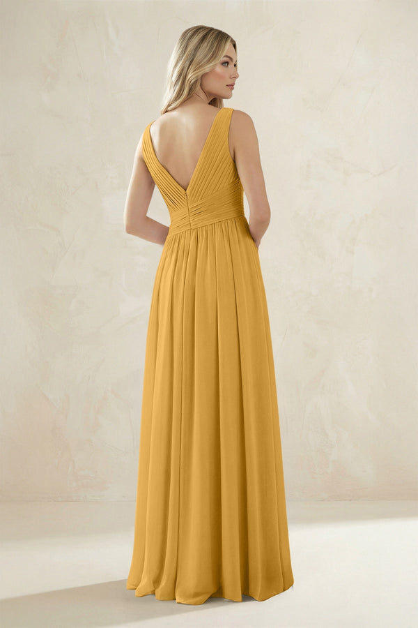 V - Neck Pleated A - Line Bridesmaid Dress in Marigold - KissProm Bridesmaid Dresses