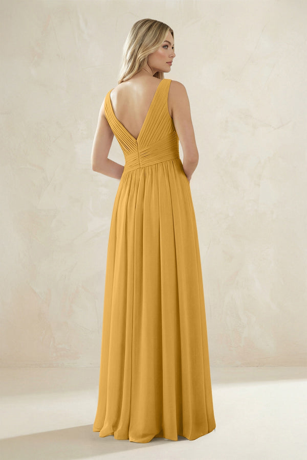 V - Neck Pleated A - Line Bridesmaid Dress in Marigold - KissProm Bridesmaid Dresses