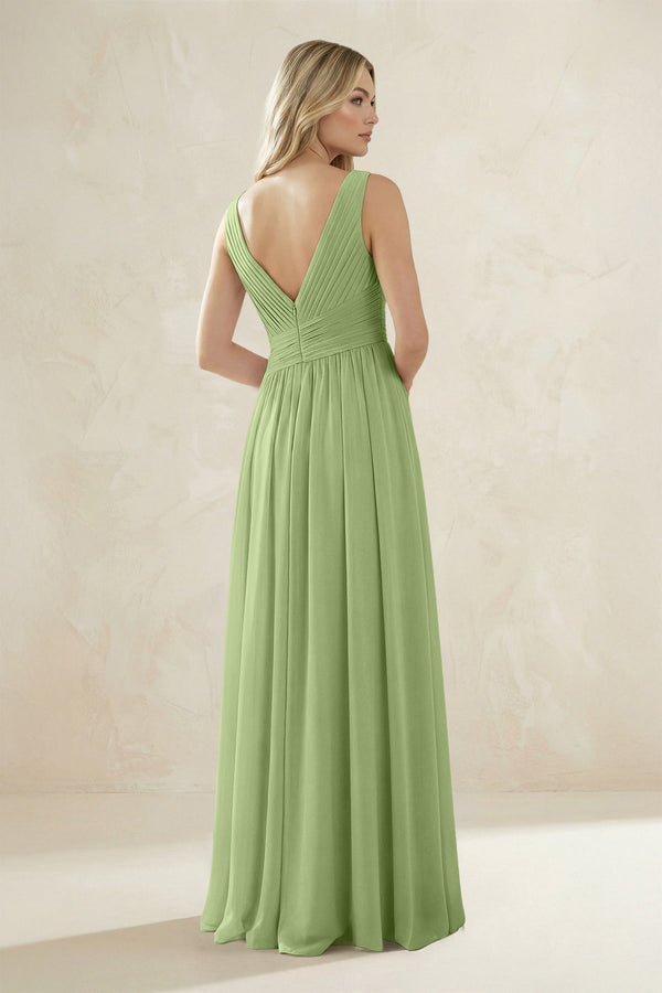 V - Neck Pleated A - Line Bridesmaid Dress in Matcha - KissProm Bridesmaid Dresses