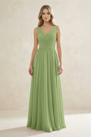V - Neck Pleated A - Line Bridesmaid Dress in Matcha - KissProm Bridesmaid Dresses