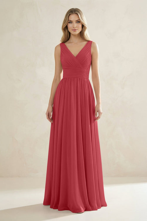 V - Neck Pleated A - Line Bridesmaid Dress in Merlot - KissProm Bridesmaid Dresses