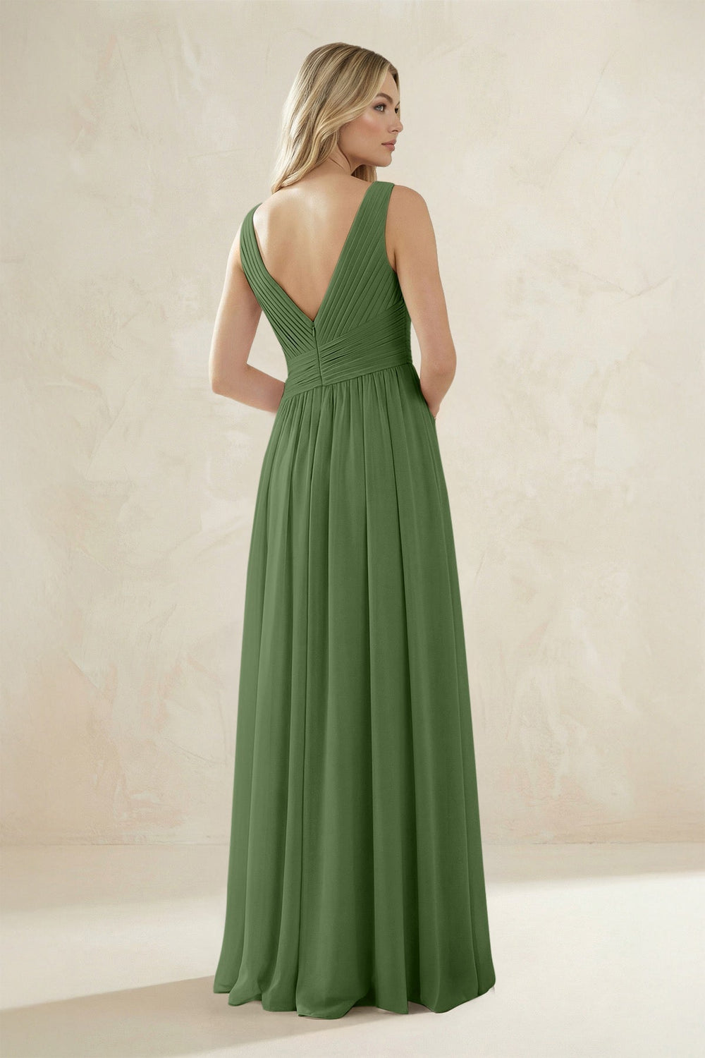 V - Neck Pleated A - Line Bridesmaid Dress in Moss - KissProm Bridesmaid Dresses