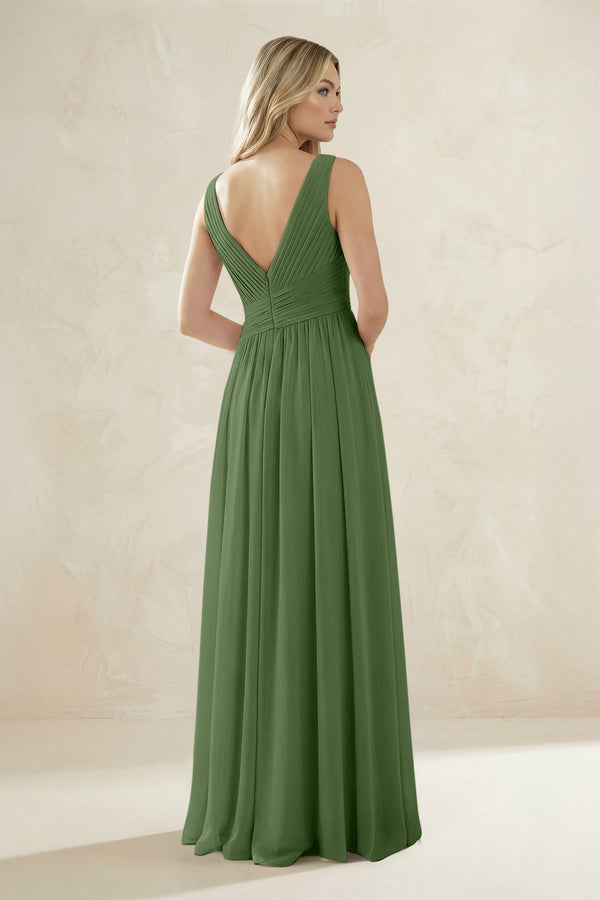V - Neck Pleated A - Line Bridesmaid Dress in Moss - KissProm Bridesmaid Dresses
