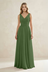 V - Neck Pleated A - Line Bridesmaid Dress in Moss - KissProm Bridesmaid Dresses
