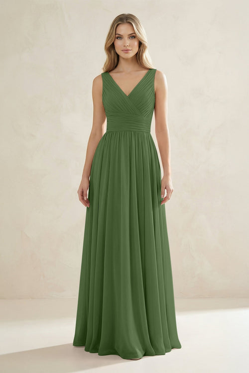 V - Neck Pleated A - Line Bridesmaid Dress in Moss - KissProm Bridesmaid Dresses