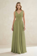 V - Neck Pleated A - Line Bridesmaid Dress in Moss Green - KissProm Bridesmaid Dresses