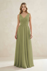 V - Neck Pleated A - Line Bridesmaid Dress in Moss Green - KissProm Bridesmaid Dresses