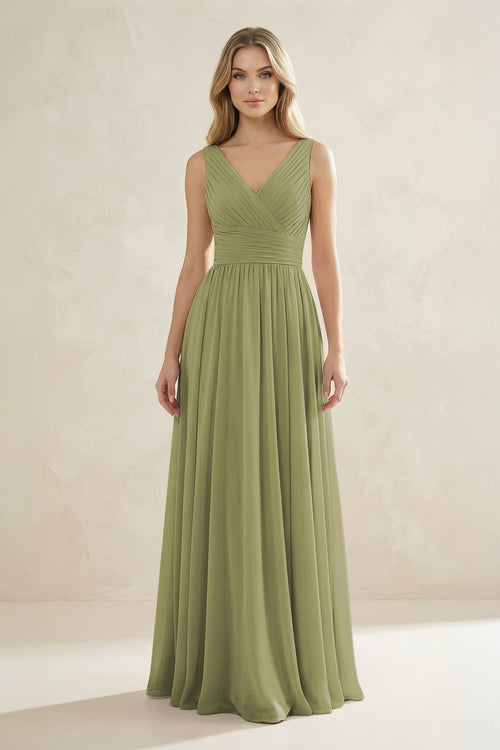 V - Neck Pleated A - Line Bridesmaid Dress in Moss Green - KissProm Bridesmaid Dresses