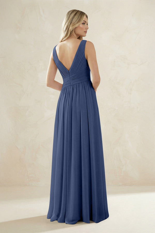 V - Neck Pleated A - Line Bridesmaid Dress in Navy - KissProm Bridesmaid Dresses