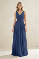 V - Neck Pleated A - Line Bridesmaid Dress in Navy - KissProm Bridesmaid Dresses