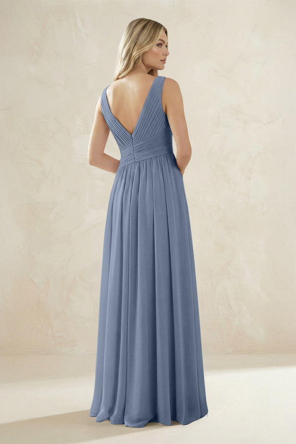 V - Neck Pleated A - Line Bridesmaid Dress in Neptune - KissProm Bridesmaid Dresses