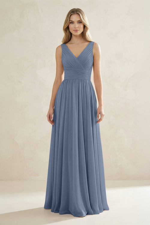 V - Neck Pleated A - Line Bridesmaid Dress in Neptune - KissProm Bridesmaid Dresses