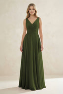V - Neck Pleated A - Line Bridesmaid Dress in Olive - KissProm Bridesmaid Dresses
