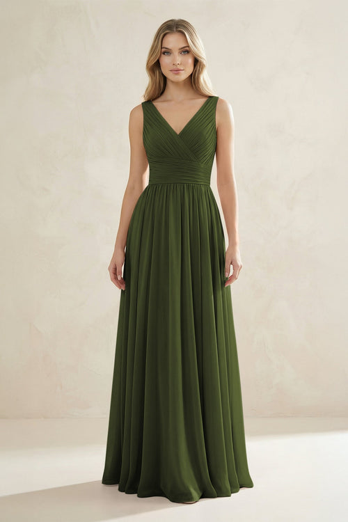 V - Neck Pleated A - Line Bridesmaid Dress in Olive - KissProm Bridesmaid Dresses