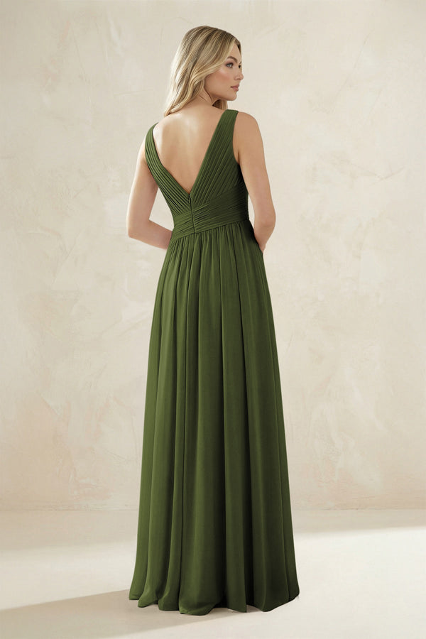 V - Neck Pleated A - Line Bridesmaid Dress in Olive - KissProm Bridesmaid Dresses