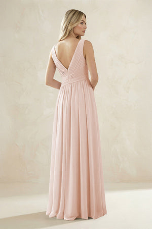 V - Neck Pleated A - Line Bridesmaid Dress in Pale Blush - KissProm Bridesmaid Dresses