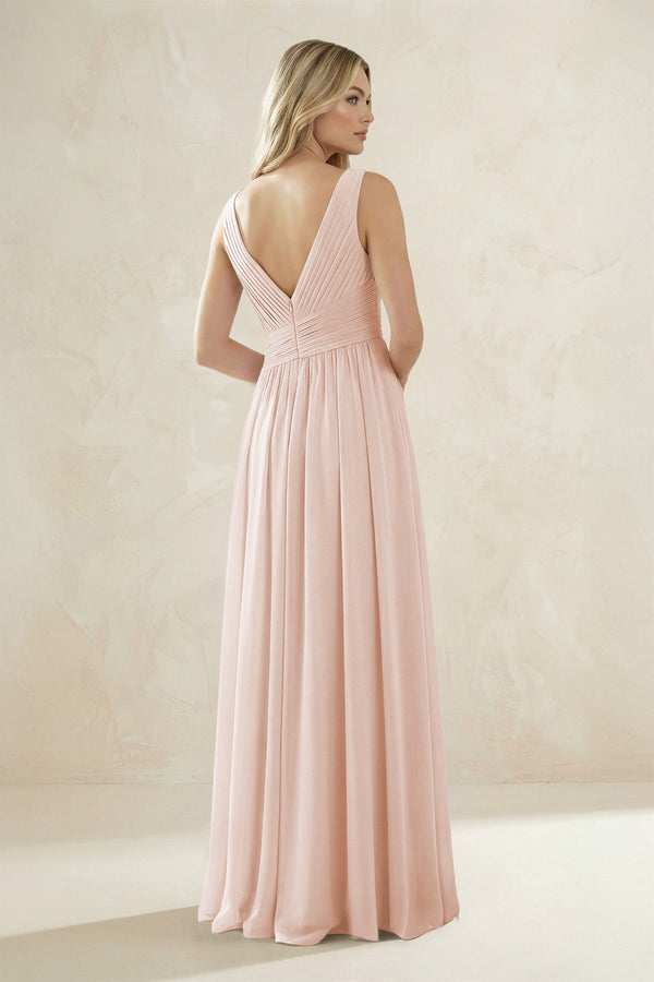 V - Neck Pleated A - Line Bridesmaid Dress in Pale Blush - KissProm Bridesmaid Dresses