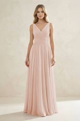V - Neck Pleated A - Line Bridesmaid Dress in Pale Blush - KissProm Bridesmaid Dresses