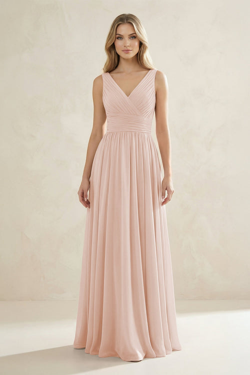 V - Neck Pleated A - Line Bridesmaid Dress in Pale Blush - KissProm Bridesmaid Dresses