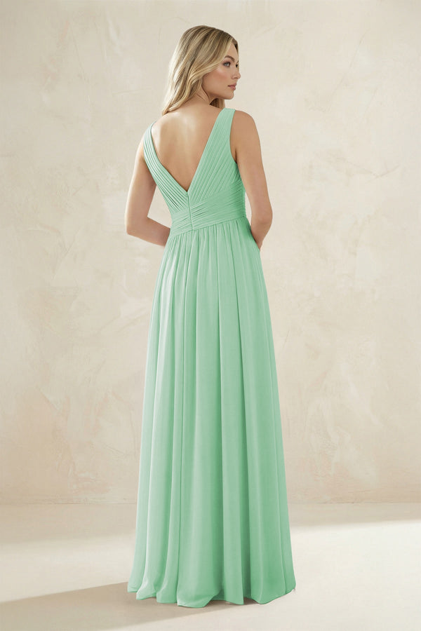 V - Neck Pleated A - Line Bridesmaid Dress in Pale Pistachio - KissProm Bridesmaid Dresses