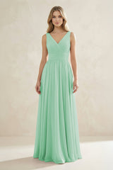 V - Neck Pleated A - Line Bridesmaid Dress in Pale Pistachio - KissProm Bridesmaid Dresses