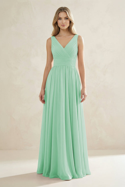 V - Neck Pleated A - Line Bridesmaid Dress in Pale Pistachio - KissProm Bridesmaid Dresses
