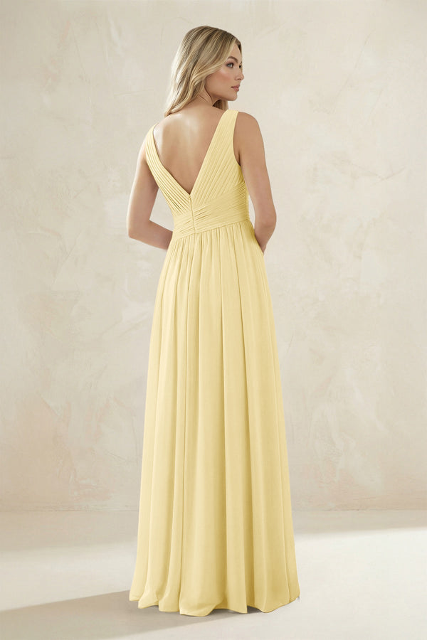 V - Neck Pleated A - Line Bridesmaid Dress in Pastel Yellow - KissProm Bridesmaid Dresses