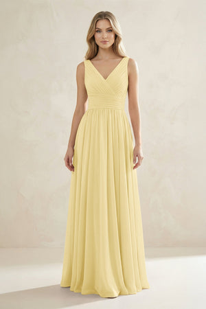 V - Neck Pleated A - Line Bridesmaid Dress in Pastel Yellow - KissProm Bridesmaid Dresses
