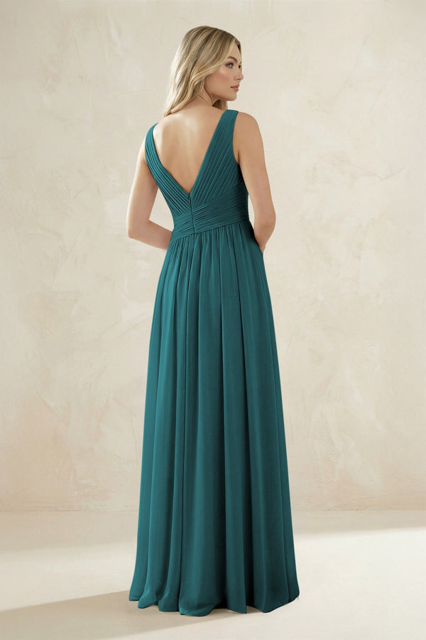 V - Neck Pleated A - Line Bridesmaid Dress in Pine - KissProm Bridesmaid Dresses