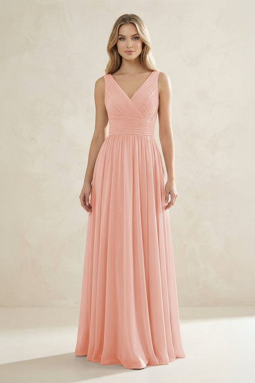 V - Neck Pleated A - Line Bridesmaid Dress in Rose Petal - KissProm Bridesmaid Dresses