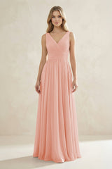 V - Neck Pleated A - Line Bridesmaid Dress in Rose Petal - KissProm Bridesmaid Dresses