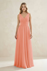 V - Neck Pleated A - Line Bridesmaid Dress in Rosette - KissProm Bridesmaid Dresses